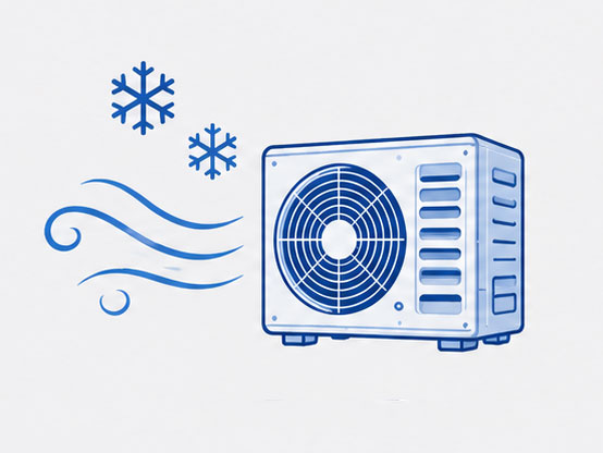 Blue line art of an outdoor air conditioner with snowflakes and wind indicating cooling