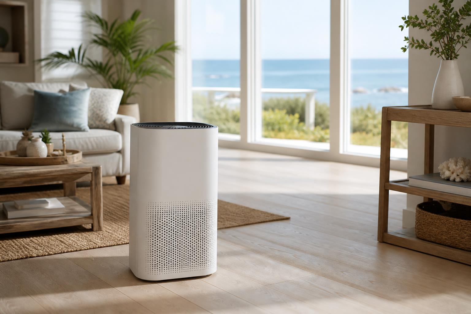 Modern air purifier in a bright coastal living room with ocean view