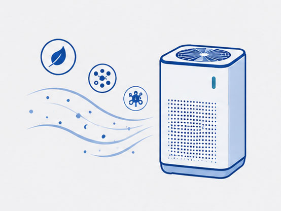 Graphic of an air purifier with airflow and filter icons on a white background