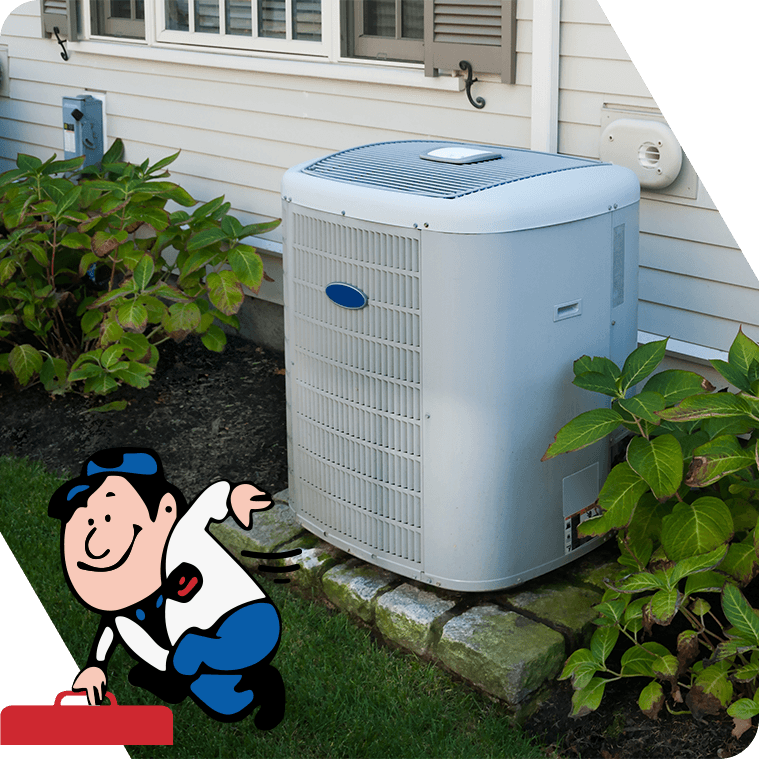 Outdoor air conditioner beside a house with a cartoon worker in the foreground
