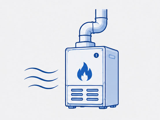 Blue line illustration of a gas furnace with flame icon and airflow lines