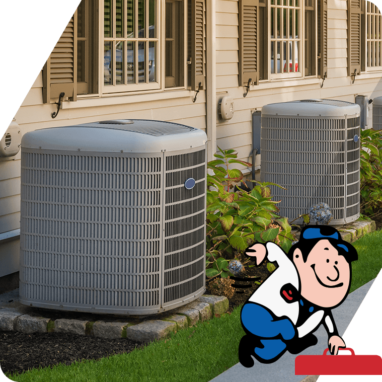 Two outdoor air conditioning units beside a house, with a smiling cartoon technician overlay.