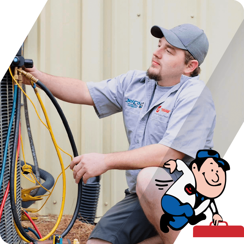 Technician servicing HVAC unit with gauges and hoses, cartoon mechanic logo overlay