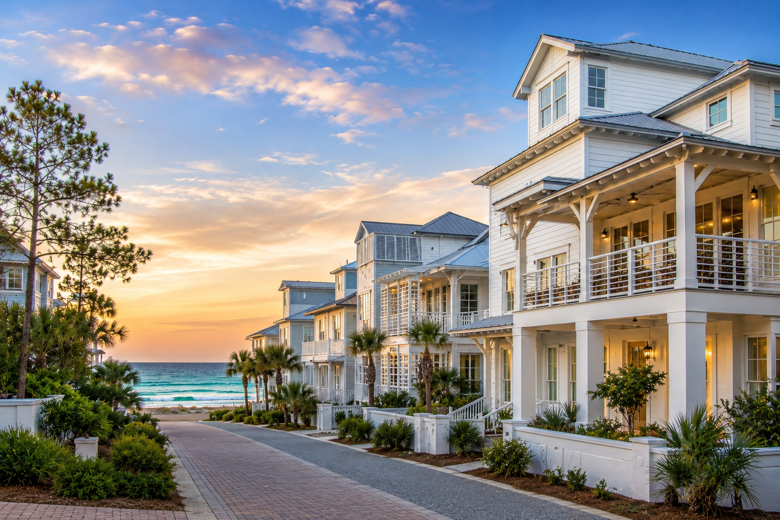 Coastal neighborhood street lined with beach houses at sunset, ocean visible ahead