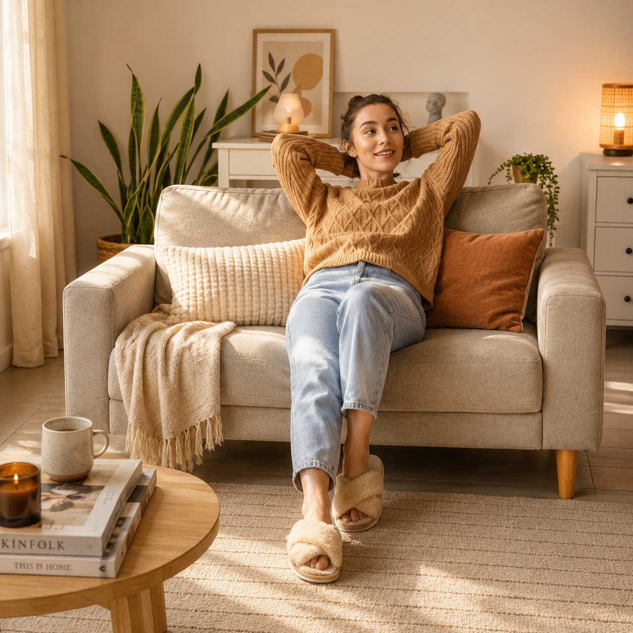 Woman relaxing on a beige sofa in a cozy, sunlit living room.